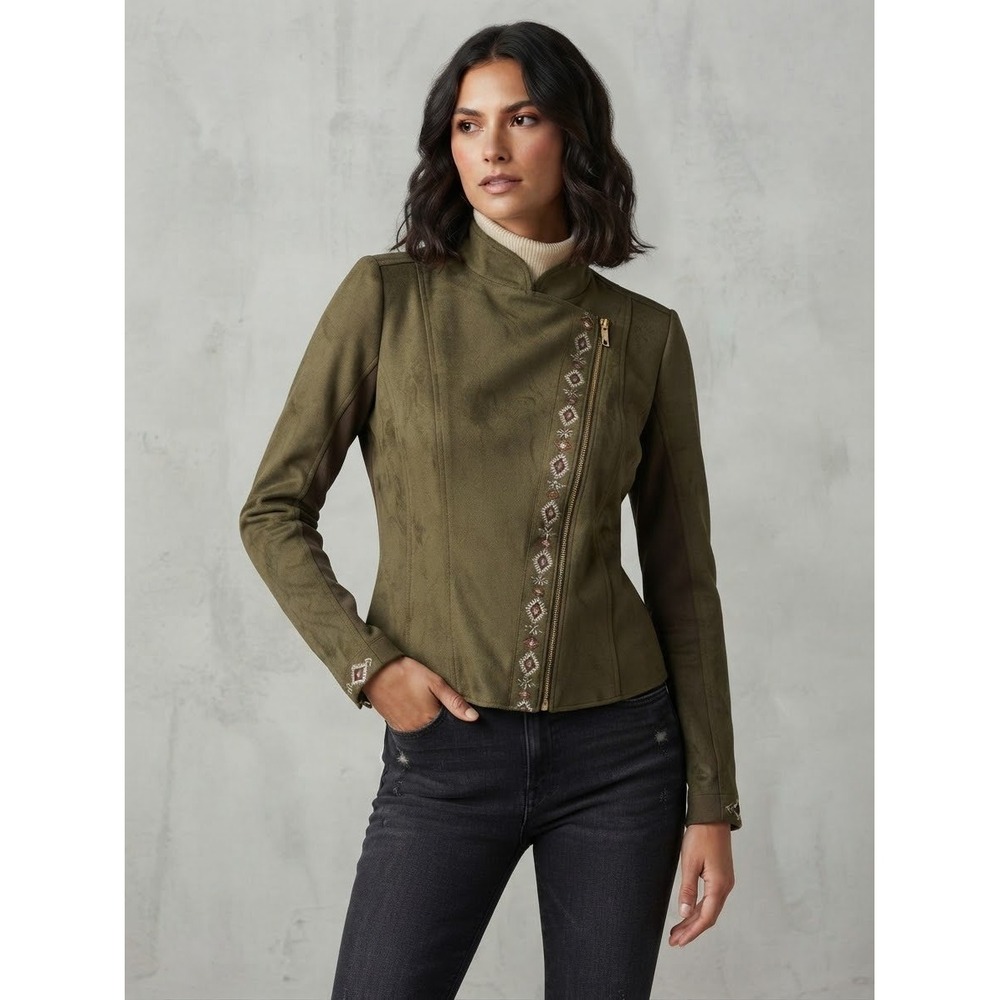 Driftwood Womens Jacket M Olive Green Faux Suede Embroidered Moto Asymmetric